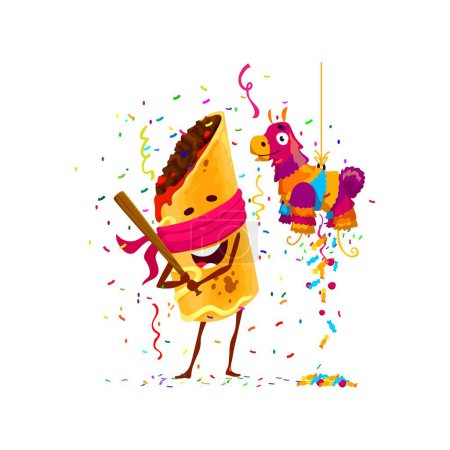 Illustration for Mexican tex mex chimichanga character on holiday party. Isolated vector food personage hitting festive pinata donkey with bat admist falling colorful confetti during birthday or carnival celebration - Royalty Free Image