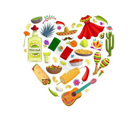 Illustration for Love mexico heart shape with musical instruments, national tex mex cuisine, sombrero, guitar and flag. Isolated vector symbols of rich Mexico culture and passion for music, food, and heritage values - Royalty Free Image