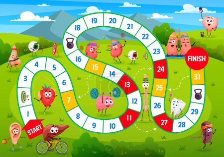 Illustration for Kids board step game, cartoon human organs sportsman characters on meadow. Vector boardgame worksheet with ear, liver, heart and nose. Eyeball, brain, kidneys or lungs with spine and bladder on path - Royalty Free Image