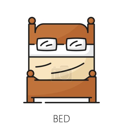 Illustration for Bed furniture icon, home interior and bedroom room facility, vector line symbol. House couch or hotel bedroom double bed of wood in outline icon, living room lounge or household furniture pictogram - Royalty Free Image