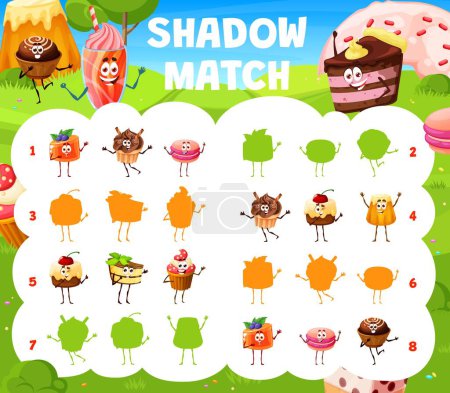 Illustration for Find the shadow match of cartoon candy, pastry and cake characters. Kids game vector worksheet with jelly pudding, cupcake, macaroon and pie. Cheesecake, muffin, baba confection personage silhouettes - Royalty Free Image