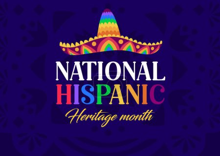 Illustration for Sombrero hat on national hispanic heritage month festival banner. Vector background for celebration annual event honoring cultural contributions of spanish community with traditional latin headwear - Royalty Free Image