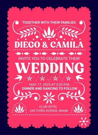 Illustration for Wedding invitation in mexican paper cut papel picado flag style. Vector invite card template adorned with traditional floral patterns, capturing the festive spirit of Mexico, joy, love and celebration - Royalty Free Image