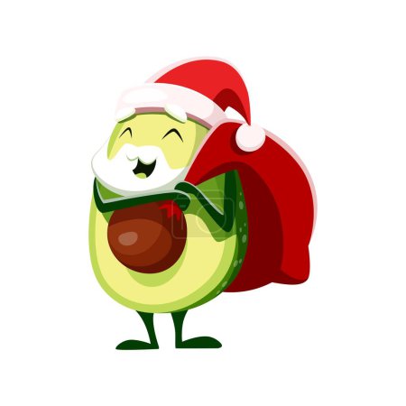 Illustration for Cartoon avocado Santa character with gifts bag ready to bring joy and laughter to the xmas holiday season. Isolated vector christmas vegetable personage with beard and sack full of presents - Royalty Free Image