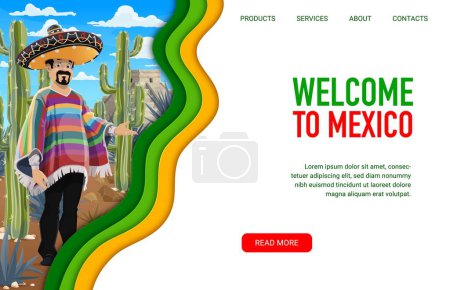 Ilustración de Landing page de viajes con pirámides mexicanas, cactus y carácter nacional. Bienvenido a México vector web banner plantilla de viaje, en estilo de corte de papel. Chichén itza, famoso hombre maya y latino - Imagen libre de derechos