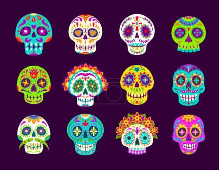 Illustration for Dia de los muertos mexican calavera sugar skulls. Day of the dead holiday. Cartoon vector set of male and female craniums with floral pattern. Traditional Mexico festival symbols for Death celebration - Royalty Free Image
