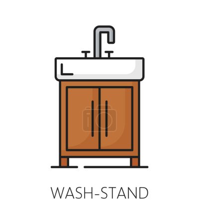 Illustration for Wash stand, furniture icon for home room interior design element, vector line pictogram. Bathroom washstand or toilet washing basin on wooden table in outline icon for house or apartment interior - Royalty Free Image