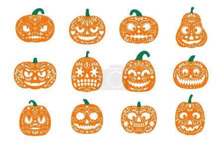 Illustration for Halloween mexican pumpkins, dia de los muertos holiday or day of the dead party characters with ornament. Calaca gourd faces with eyes and toothy smiles. Isolated vector jack-o-lantern personages set - Royalty Free Image