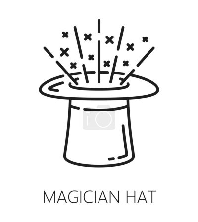 Illustration for Magician hat. Witchcraft and magic icon. Esoteric, astrology, mystery. Witchcraft, sorcery spell symbol or magician performance item linear vector symbol or outline icon or sign with top hat - Royalty Free Image