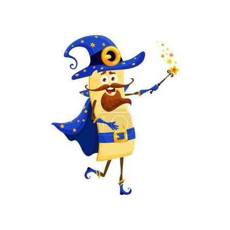 Illustration for Cartoon Halloween lasagna pasta mage character. Warlock, sorcerer or magician Italian pasta with magic wand comical vector personage. Lasagna meal mage funny mascot or cute character in hat and cape - Royalty Free Image