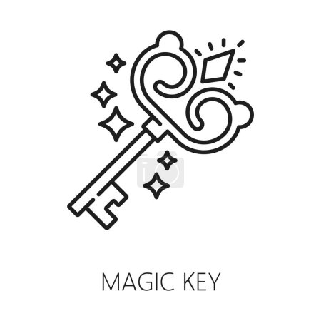 Téléchargez les illustrations : Icône clé magique de la sorcellerie ésotérique, astrologie et mystère, symbole de ligne vectorielle. icône de ligne de dessin animé clé magique pour les cartes de tarot, signe occulte dans l'alchimie et la bonne aventure ou magicien ésotérique - en licence libre de droit