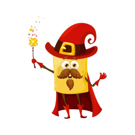 Illustration for Cartoon Halloween quadretti pasta wizard character. Warlock, magician or sorcerer Italian pasta cheerful vector mascot. Wizard quadretti comical character or childish personage with magic wand - Royalty Free Image