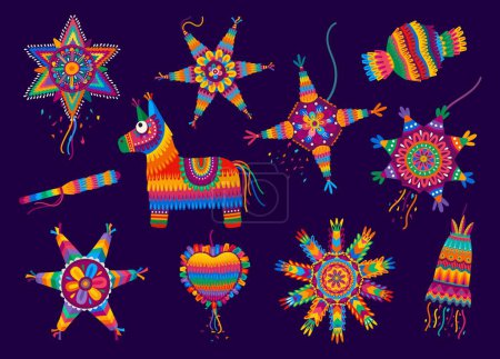 Illustration for Cartoon mexican holiday pinatas. Vector set of popular decorative items in shape of donkey, star or heart, filled with candies and toys and are fun tradition during festivities and party celebrations - Royalty Free Image