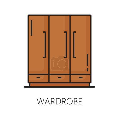 Illustration for Wardrobe, furniture icon of home interior or room facility, vector line symbol. Wooden wardrobe closet or dresser with drawers in outline icon, living room or bedroom household furniture pictogram - Royalty Free Image
