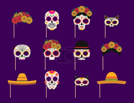 Téléchargez les illustrations : Journée mexicaine des masques de photomaton morts avec accessoires. Dia de los muertos masques de fête de vacances. Crânes vectoriels en sucre calavera, chapeau sombrero, couronnes de fleurs et tête de chat avec des détails complexes et vibrants - en licence libre de droit