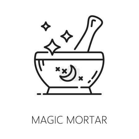 Illustration for Magic mortar. Witchcraft and magic icon. Mystery, esoteric, astrology symbol. Sorcery kitchenware, tarot or esoteric object or magic item linear vector sign, witchcraft outline pictogram or symbol - Royalty Free Image
