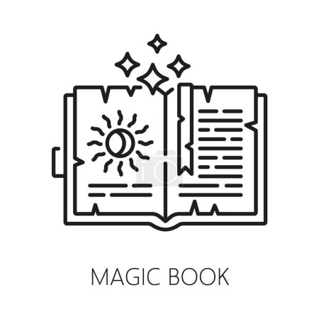 Téléchargez les illustrations : Icône du livre de sorts magiques pour sorcellerie ésotérique, astrologie et mystère, symbole vectoriel. Icône de ligne de livre de sorcière pour la magie occulte et les cartes de tarot signe, occultisme spirituel, alchimie et magie ésotérique - en licence libre de droit