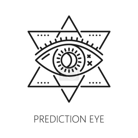Illustration for Prediction providence eye, witchcraft magic icon for esoteric and astrology, vector symbol of occult mystery. Eye of truth line icon of occult magic or tarot cards, freemason pyramid with eye sign - Royalty Free Image