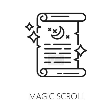 Illustration for Magic scroll, witchcraft magic icon for esoteric, astrology and mystery, vector line symbol. Witch mystic scroll icon for tarot cards, magician spiritual spell for occult alchemy or fortune telling - Royalty Free Image