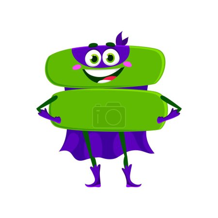 Illustration for Cartoon math equals number superhero character. Isolated vector mathematics symbol. Funny and quirky school educational sign super hero in mask and cape with cute smiling face and arms akimbo - Royalty Free Image