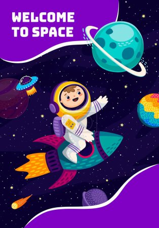 Illustration for Welcome to space banner. Kid astronaut character travel in far galaxy. Cartoon vector child cosmonaut riding rocket in outer Universe with planets, ufo saucer and stars. Interstellar journey or trip - Royalty Free Image