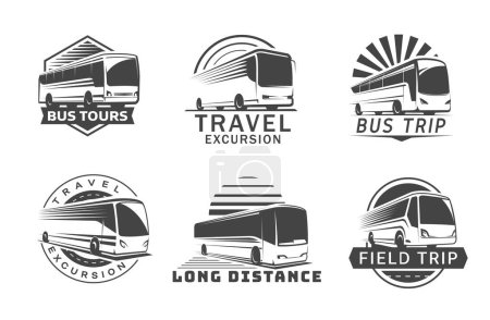Viajes en autobús y expreso iconos de transporte. Autobús vectorial y siluetas de carretera, transporte moderno de pasajeros iconos aislados de viaje por carretera, excursiones, turismo y servicio de vehículos públicos