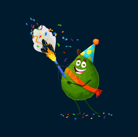 Illustration for Cartoon avocado character on holiday party. Cheerful healthy food personage shoot petard on celebratory gathering. Funny fruit in festive cap having good time with party decorations and confetti - Royalty Free Image