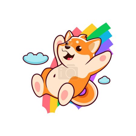 Ilustración de Caricatura feliz personaje de perro shiba inu, lindo personaje de mascota kawaii. Adorable animal vectorial deslizándose alegremente por un vibrante arco iris, irradiando felicidad y alegría en una escena colorida y caprichosa - Imagen libre de derechos