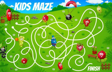 Illustration for Labyrinth maze, cartoon cheerful berry characters on summer meadow, vector quiz game worksheet. Strawberry, cherry and raspberry with grape play on summer vacations, kids labyrinth escape puzzle - Royalty Free Image
