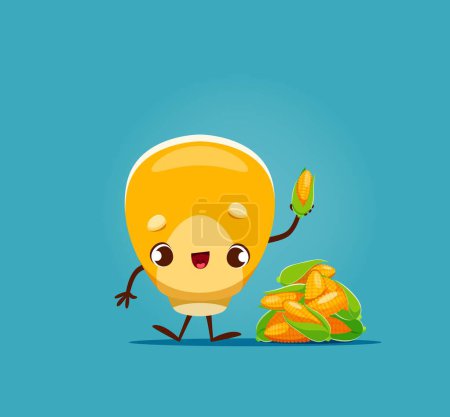 Illustration for Cartoon cheerful corn grain character. Adorable food personage proudly holding golden cob, representing the essence of harvest and agriculture. Isolated vector maize with a ripe autumnal crop heap - Royalty Free Image