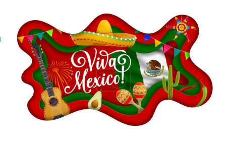 Téléchargez les illustrations : Bannière en papier Viva mexico avec drapeau mexicain national, sombrero et instruments de musique. Cadre vectoriel ondulé en couches 3D avec symboles latino-américains traditionnels, avocat, guitare, maracas, cactus, pinata - en licence libre de droit