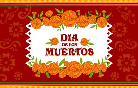 Téléchargez les illustrations : Bannière de vacances mexicaine Dia de los Muertos avec fleurs de souci. Affiche de célébration de la culture mexicaine, fête de Dia de Los Muertos ou fond vectoriel du festival Jour des Morts avec cadre de fleur de souci - en licence libre de droit