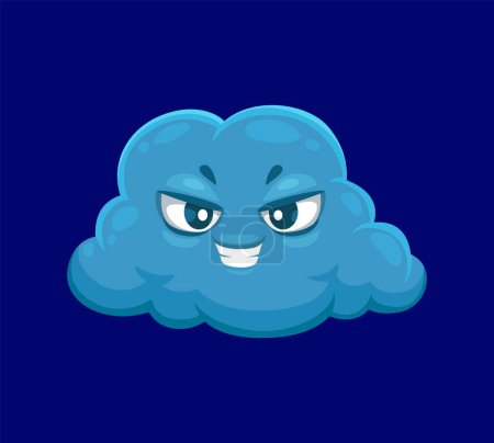 Illustration for Cartoon cute cloud weather character. Vector sinister and looming, grey evil cloud personage with gloomy face expression, foreboding impending doom and unleashing its wrath upon the unsuspecting world - Royalty Free Image