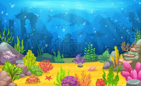 Underwater landscape with sea animal silhouettes, sunken ancient town and bright seaweeds on bottom. Underwater aquatic life vector wallpaper with whale, shark, fish shoal silhouette and seaweed