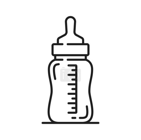 Illustration for Baby milk bottle isolated thin line icon. Vector glass or plastic bottle with measuring scale and silicone rubber pacifier, sterile container - Royalty Free Image