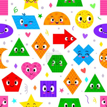 Illustration for Math shape characters seamless pattern of cartoon geometric figures with cute faces. Geometry education vector background with triangle, circle, square and rectangle, star, oval and heart personages - Royalty Free Image