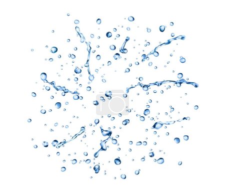 Illustration for Realistic rain blue water drops and splatters. Realistic 3d vector small translucent droplets formed when water condenses or falls. They shimmer, cling, create ripples, refreshing and reflecting light - Royalty Free Image