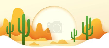 Ilustración de El papel del desierto mexicano cortó el paisaje con montañas, arena y cactus. Vector vibrante arte de corte en papel 3d con rocas, dunas de arena, y cactus icónicos, la captura de la belleza de la naturaleza del medio ambiente árido occidental - Imagen libre de derechos