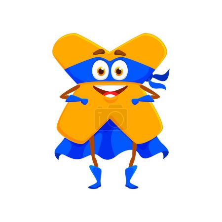 Illustration for Cartoon math multiplication sign number superhero character. Isolated vector mathematics and arithmetic sign for equations. Personage with big eyes and happy smile, wear defender cape and mask - Royalty Free Image