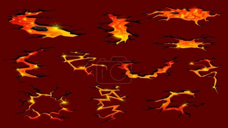 Ilustración de Volcán lava o magma grietas de tierra de fuego. Dibujos animados vector terremoto fisuras, la destrucción de la tierra textura vista superior. Flujos de lava fundida creando ríos ardientes con intenso calor y fuerza explosiva - Imagen libre de derechos
