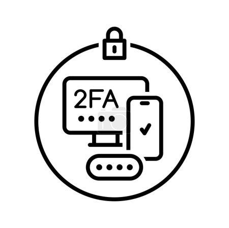 Illustration for 2FA two factor verification icon with vector thin line mobile phone and computer, authentication password, login and push code message symbol in round frame. Internet security and data protection - Royalty Free Image