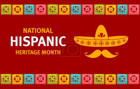 Illustration for National hispanic heritage month banner with sombrero and paper cut flags. Latin culture holiday background, Hispanic heritage month celebration invitation card or ethnic festival vector banner - Royalty Free Image