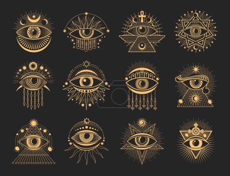 Illustration for Eye tattoo occult and esoteric symbols. Mason and magic tarot signs. Horus all seeing eye, magic tarot tattoo, mason illumunati occult vector symbols set with Eye of Providence, pyramid, pentagram - Royalty Free Image