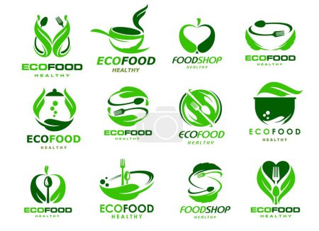 Illustration for Healthy organic eco food icons and vegetarian cuisine restaurant signs, vector green leaf emblems. Farm market and food shop and vegan salad bar icons with heart, fork and spoon for eco food menu - Royalty Free Image
