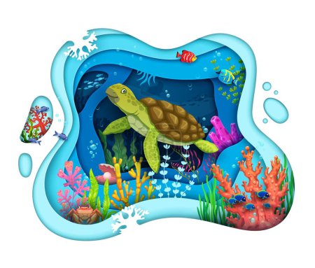 Cartoon turtle on paper cut sea underwater landscape, vector undersea background. Sea or ocean world landscape in papercut, coral reef fishes and seashells in paper cut layers of deep water waves