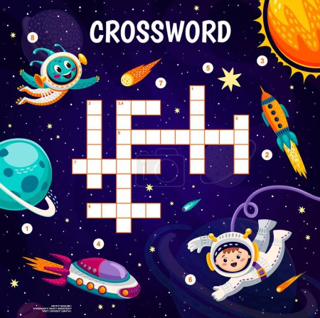 Illustration for Crossword quiz game grid. Cartoon galaxy space vector landscape with planets, rocket, astronaut and spaceship, alien, star, meteor and sun word puzzle worksheet. Astronomy kids education game quiz - Royalty Free Image