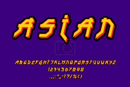Illustration for Asian hieroglyphs font, Japanese type or retro alphabet for arcade game typeface, vector ABC. Japan style or Asian typography font letters in hieroglyphs for combat computer game typeset script - Royalty Free Image