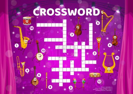 Illustration for Crossword quiz game grid with musical instruments. Vocabulary riddle, crossword wordsearch puzzle or kids game vector worksheet with drum, saxophone, banjo, violin and harp, vuvuzela funny characters - Royalty Free Image
