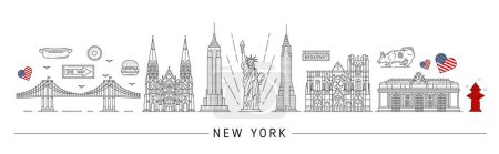 Ilustración de Silueta de Nueva York. Los E.E.U.U. viajan los puntos de referencia de la línea delgada del vector Estatua de la libertad, puente de Brooklyn, perrito caliente y hamburguesa. Edificio Chrysler y Empire State delinean rascacielos, gran terminal central - Imagen libre de derechos