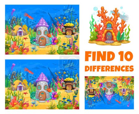 Illustration for Find ten differences in underwater landscape with houses in shells, vector puzzle worksheet. Ocean home dwellings in sunken boat or treasure pot, kids quiz game to find ten differences in undersea - Royalty Free Image